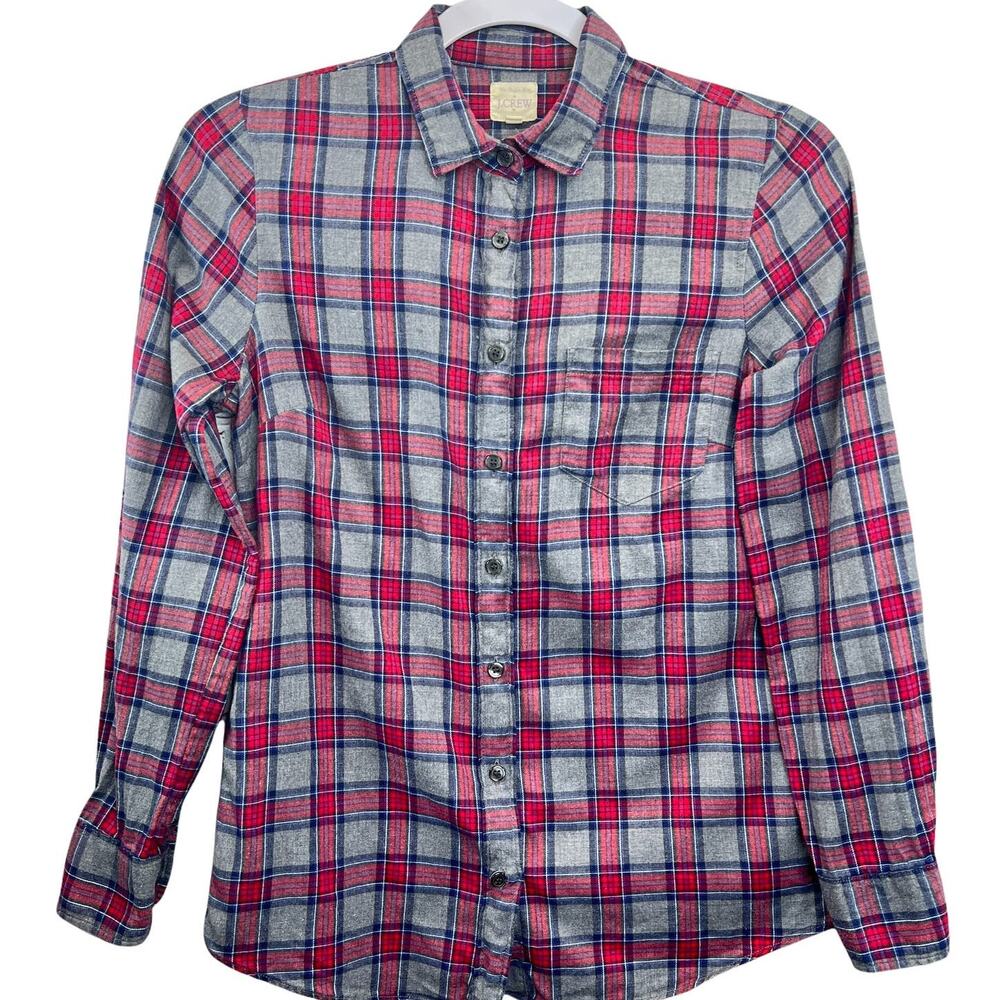 J.Crew Womens Plaid Flannel Shirt Red Gray XSP Petite Long Sleeve Button‎ Up
